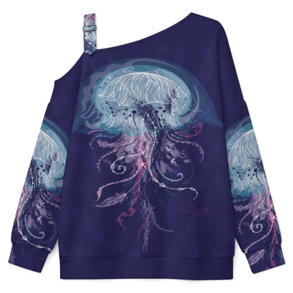 Off-the-shoulder Sweater Jellyfish  Asymmetric Cold Shoulder Knit Sweater for Women, Adjustable Buckle Strap Long Sleeve Casual Slouchy Pullover