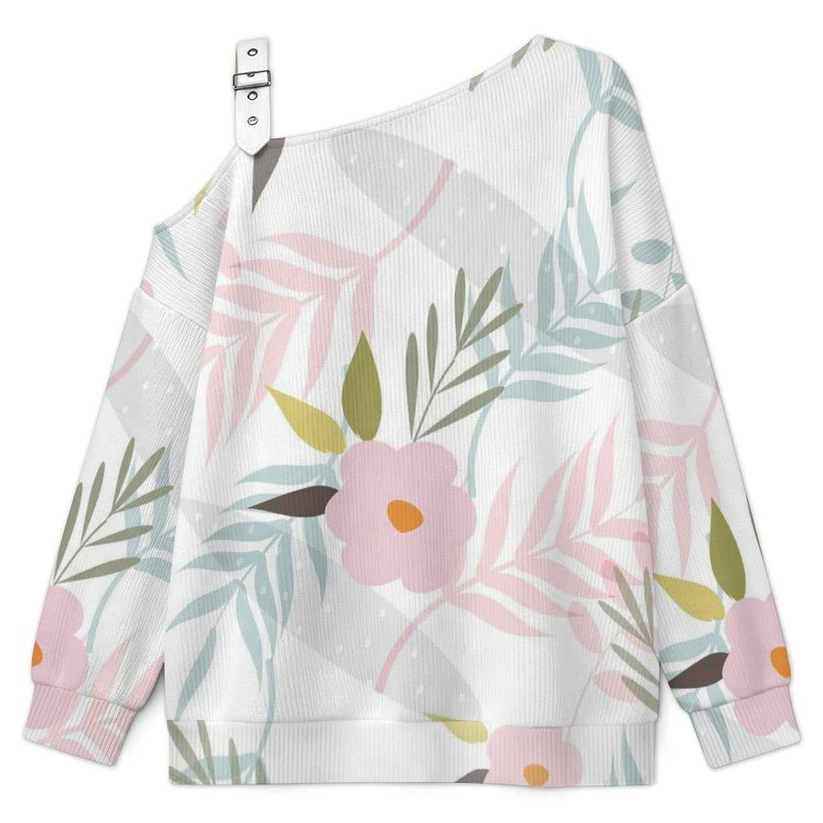 Off-the-shoulder Sweater Floral Pattern  Asymmetric Cold Shoulder Knit Sweater for Women, Adjustable Buckle Strap Long Sleeve Casual Slouchy Pullover