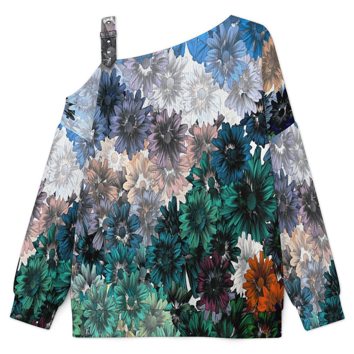 Off-the-shoulder SweaterRetro, Colorful Flower Patterns Women’s Off-Shoulder Knit Sweater