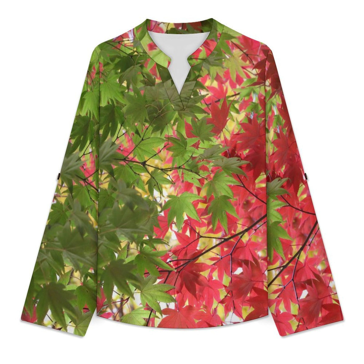 Stand-up Collar Long-sleeved Shirt Red And Green  Leaves  Customization Women’s V-Neck Blouses,long Sleeve,Roll-Up Sleeve Shirt
