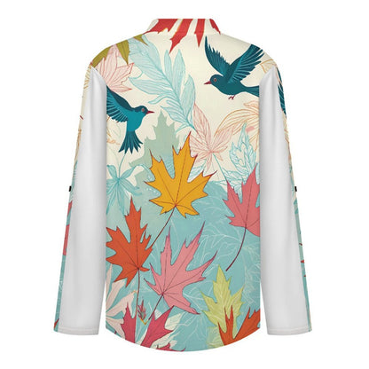 Stand-up Collar Long-sleeved Shirt Plant Bird Maple Leaves  Women’s V-Neck Blouses