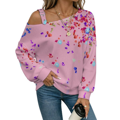 Off-the-shoulder Sweater Floral Pattern  Asymmetric Cold Shoulder Knit Sweater for Women, Adjustable Buckle Strap Long Sleeve Casual Slouchy Pullover