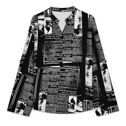 Stand-up Collar Long-sleeved Shirt Newspaper Vintage Dress white S Women’s V-Neck Blouses