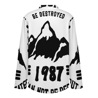 Stand-up Collar Long-sleeved Shirt 1987, Retro Font Design, Mountain Peak  Customization Women’s V-Neck Blouses,long Sleeve,Roll-Up Sleeve Shirt