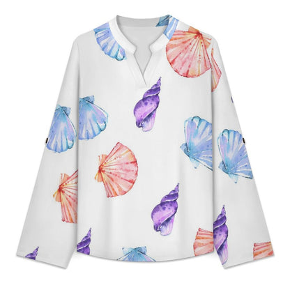 Stand-up Collar Long-sleeved Shirt Shell-blue-full Print-T-shirt-phone Case  Customization Women’s V-Neck Blouses,long Sleeve,Roll-Up Sleeve Shirt
