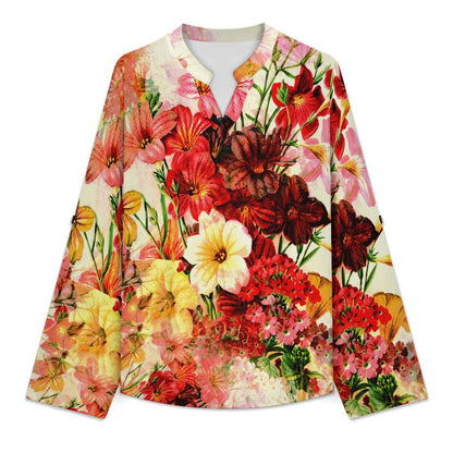 Stand-up Collar Long-sleeved Shirt Red Flowers  Customization Women’s V-Neck Blouses,long Sleeve,Roll-Up Sleeve Shirt