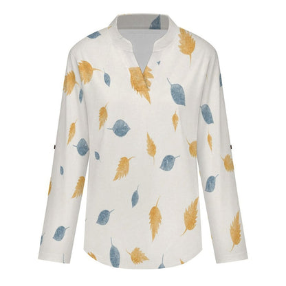 Versatile Notched V-Neck Tunic | Roll Tab 3/4 Sleeve Office Casual Top  Yellow, Blue, Maple Leaf