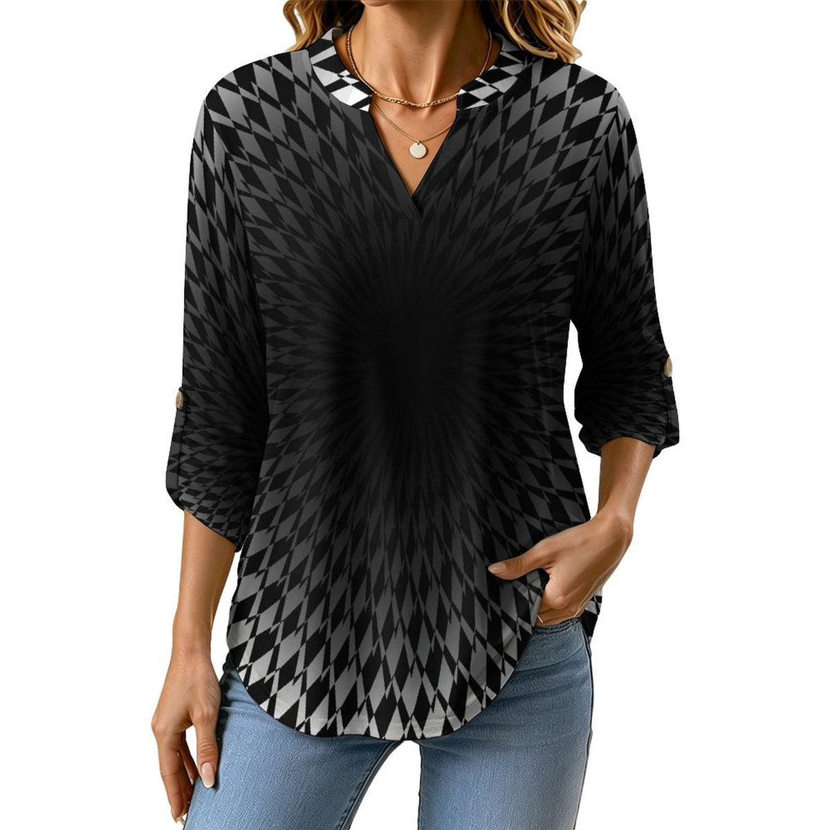 Stand-up Collar Long-sleeved Shirt Optical Art Viaual Trap  Customization Women’s V-Neck Blouses,long Sleeve,Roll-Up Sleeve Shirt