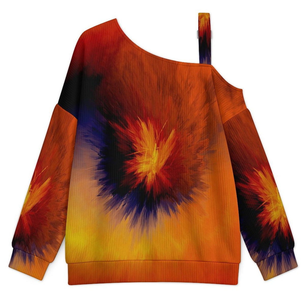 Off-the-shoulder Sweater Tie Dye Red Yellow  Asymmetric Cold Shoulder Knit Sweater for Women, Adjustable Buckle Strap Long Sleeve Casual Slouchy Pullover