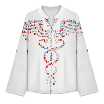 Stand-up Collar Long-sleeved Shirt Graphic Scepter  Customization Women’s V-Neck Blouses,long Sleeve,Roll-Up Sleeve Shirt