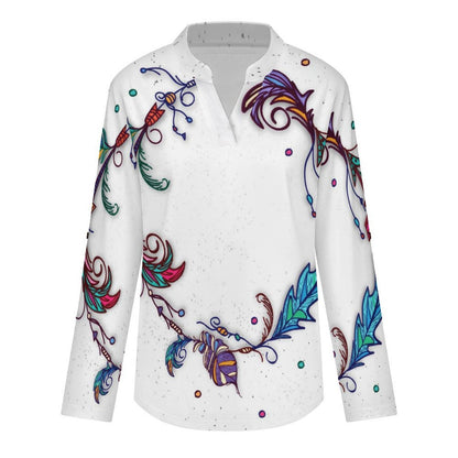Stand-up Collar Long-sleeved Shirt Feathers  Customization Women’s V-Neck Blouses,long Sleeve,Roll-Up Sleeve Shirt