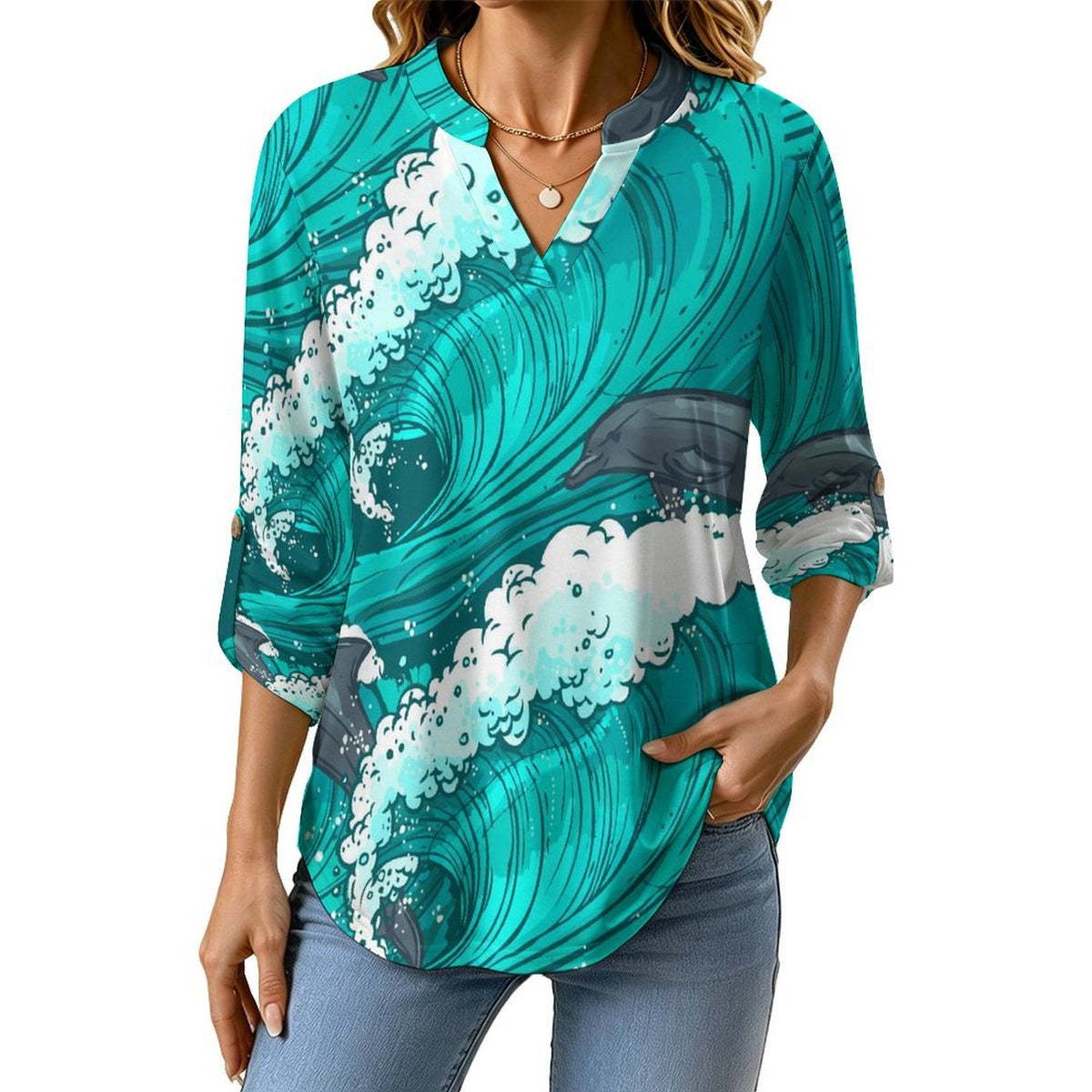 Stand-up Collar Long-sleeved Shirt Dolphins, Waves  Customization Women’s V-Neck Blouses,long Sleeve,Roll-Up Sleeve Shirt