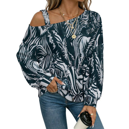Off-the-shoulder Sweater European Totem  Asymmetric Cold Shoulder Knit Sweater for Women, Adjustable Buckle Strap Long Sleeve Casual Slouchy Pullover
