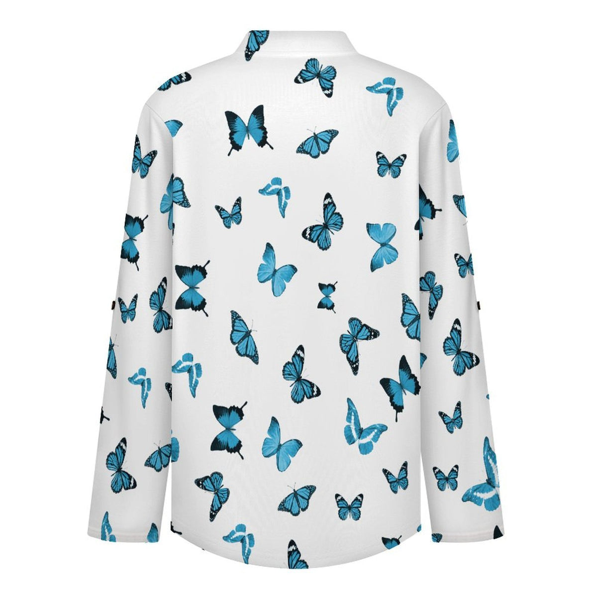 Stand-up Collar Long-sleeved Shirt Repeating Pattern, Butterfly, Blue  Customization Women’s V-Neck Blouses,long Sleeve,Roll-Up Sleeve Shirt