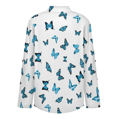 Stand-up Collar Long-sleeved Shirt Repeating Pattern, Butterfly, Blue  Customization Women’s V-Neck Blouses,long Sleeve,Roll-Up Sleeve Shirt