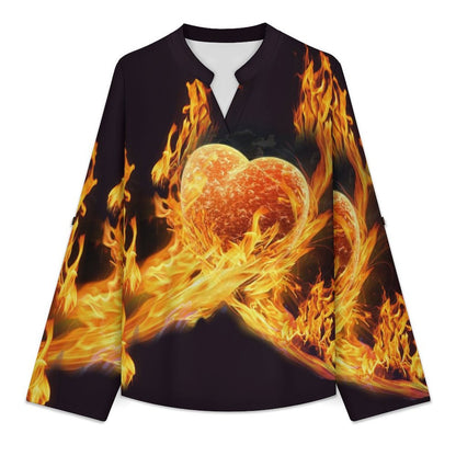 Stand-up Collar Long-sleeved Shirt Flame Heart  Customization Women’s V-Neck Blouses,long Sleeve,Roll-Up Sleeve Shirt