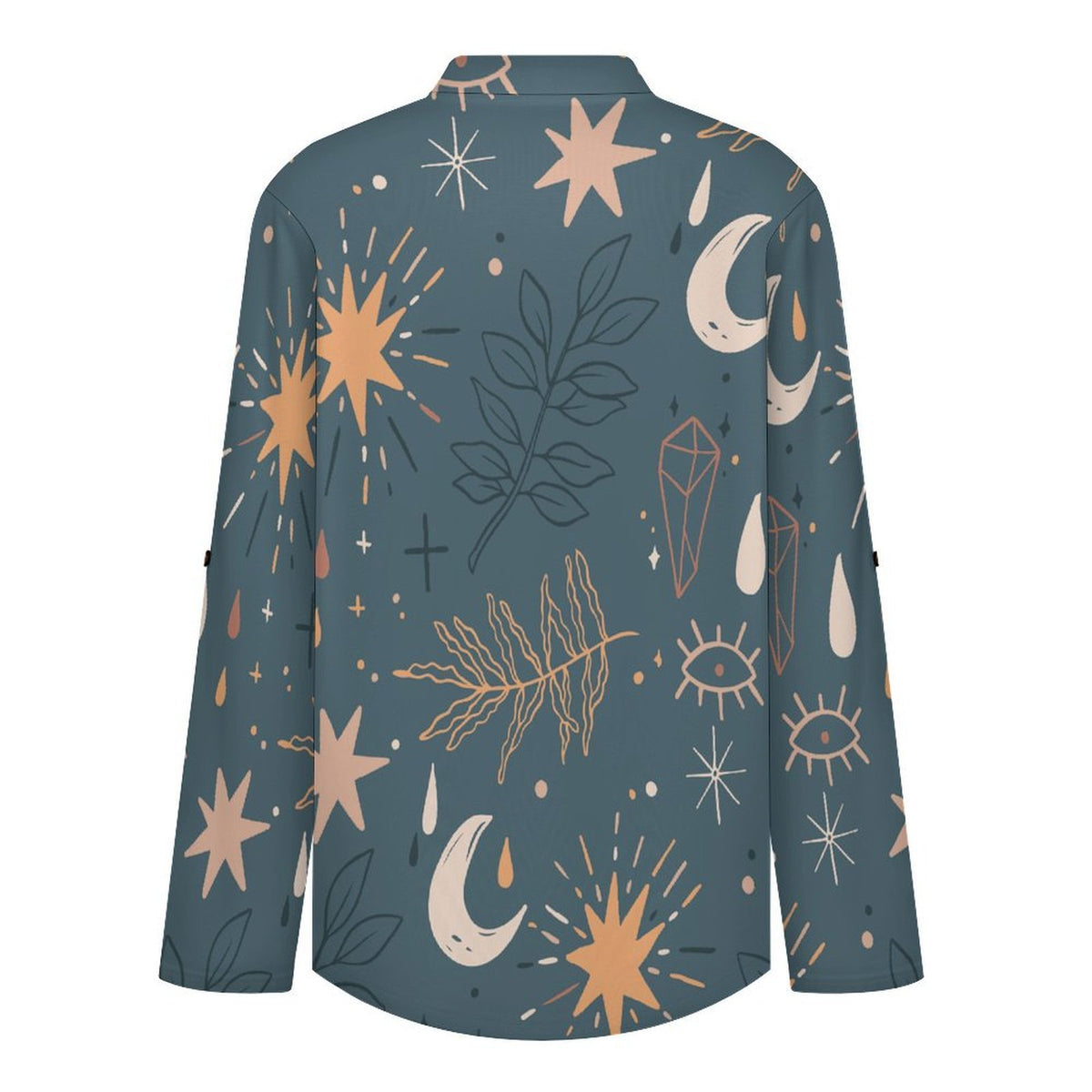 Stand-up Collar Long-sleeved Shirt Dark Green Background, Plant Pattern  Customization Women’s V-Neck Blouses,long Sleeve,Roll-Up Sleeve Shirt