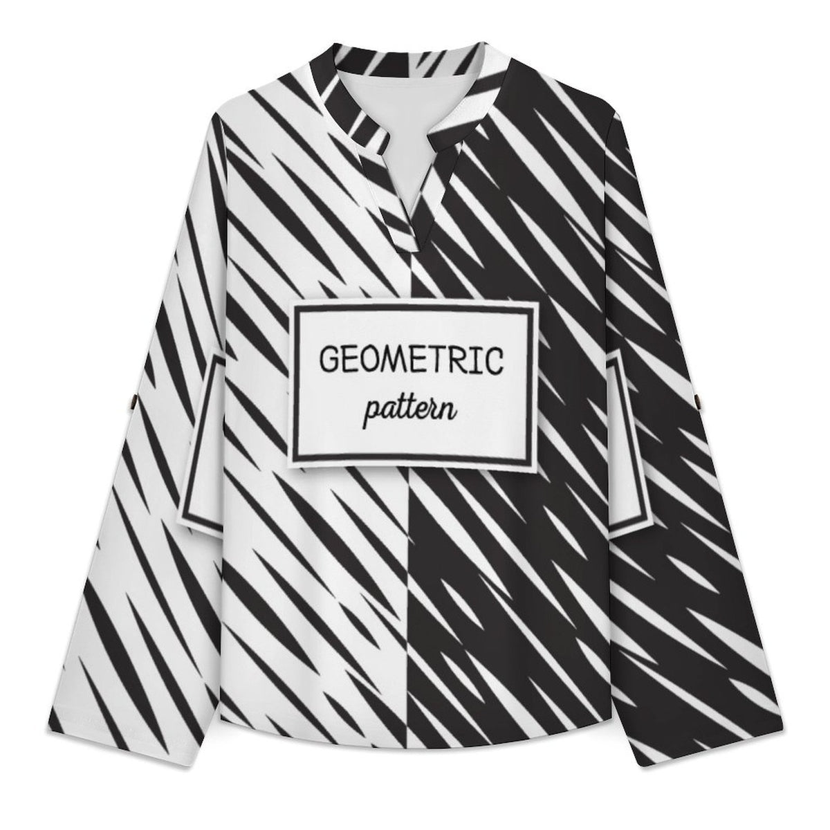 Stand-up Collar Long-sleeved Shirt Black And White Twill  Customization Women’s V-Neck Blouses,long Sleeve,Roll-Up Sleeve Shirt