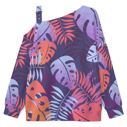 Off-the-shoulder Sweater Tile Pattern-Leaf-Purple-Pink  Asymmetric Cold Shoulder Knit Sweater for Women, Adjustable Buckle Strap Long Sleeve Casual Slouchy Pullover