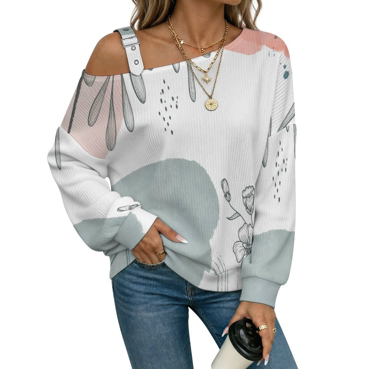 Off-the-shoulder Sweater Ink Painting, Flowers, Leaves  Asymmetric Cold Shoulder Knit Sweater for Women, Adjustable Buckle Strap Long Sleeve Casual Slouchy Pullover