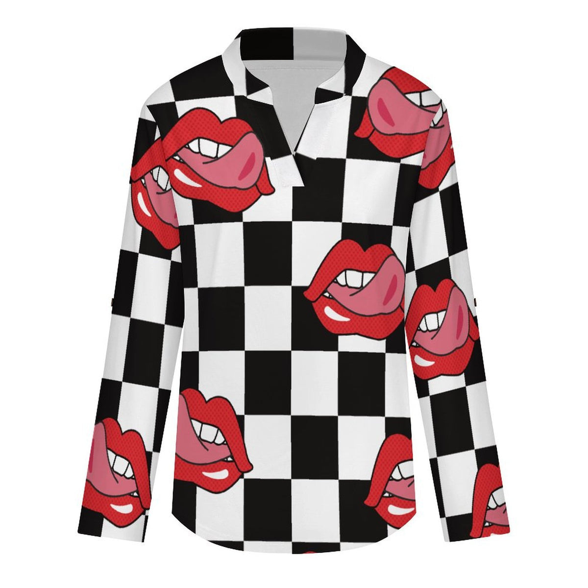 Stand-up Collar Long-sleeved Shirt Pop Style Red Lips Repeat Pattern Black And White Checkered  Customization Women’s V-Neck Blouses,long Sleeve,Roll-Up Sleeve Shirt