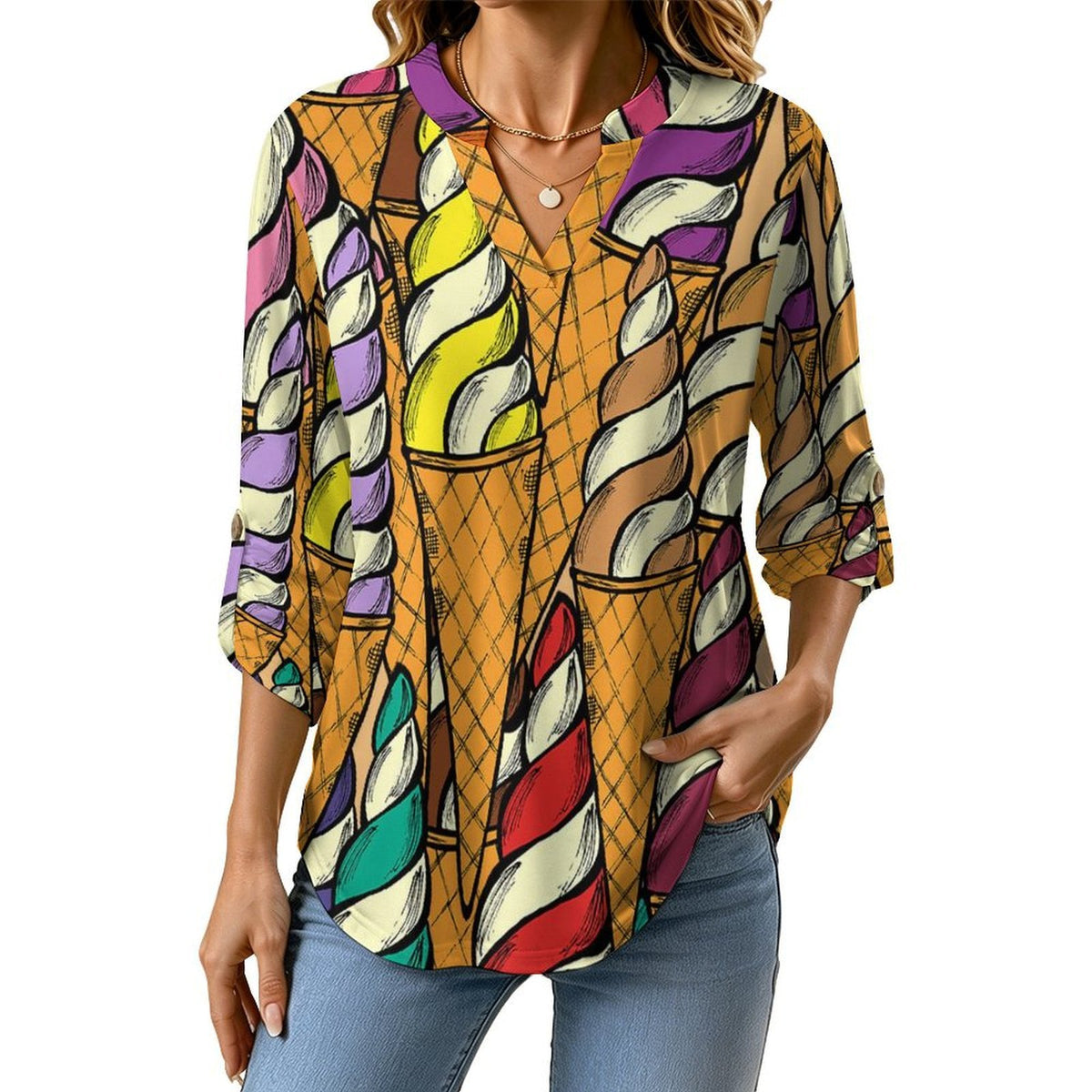 Stand-up Collar Long-sleeved Shirt Colorful Ice Cream Pattern white SWomen’s V-Neck Blouses