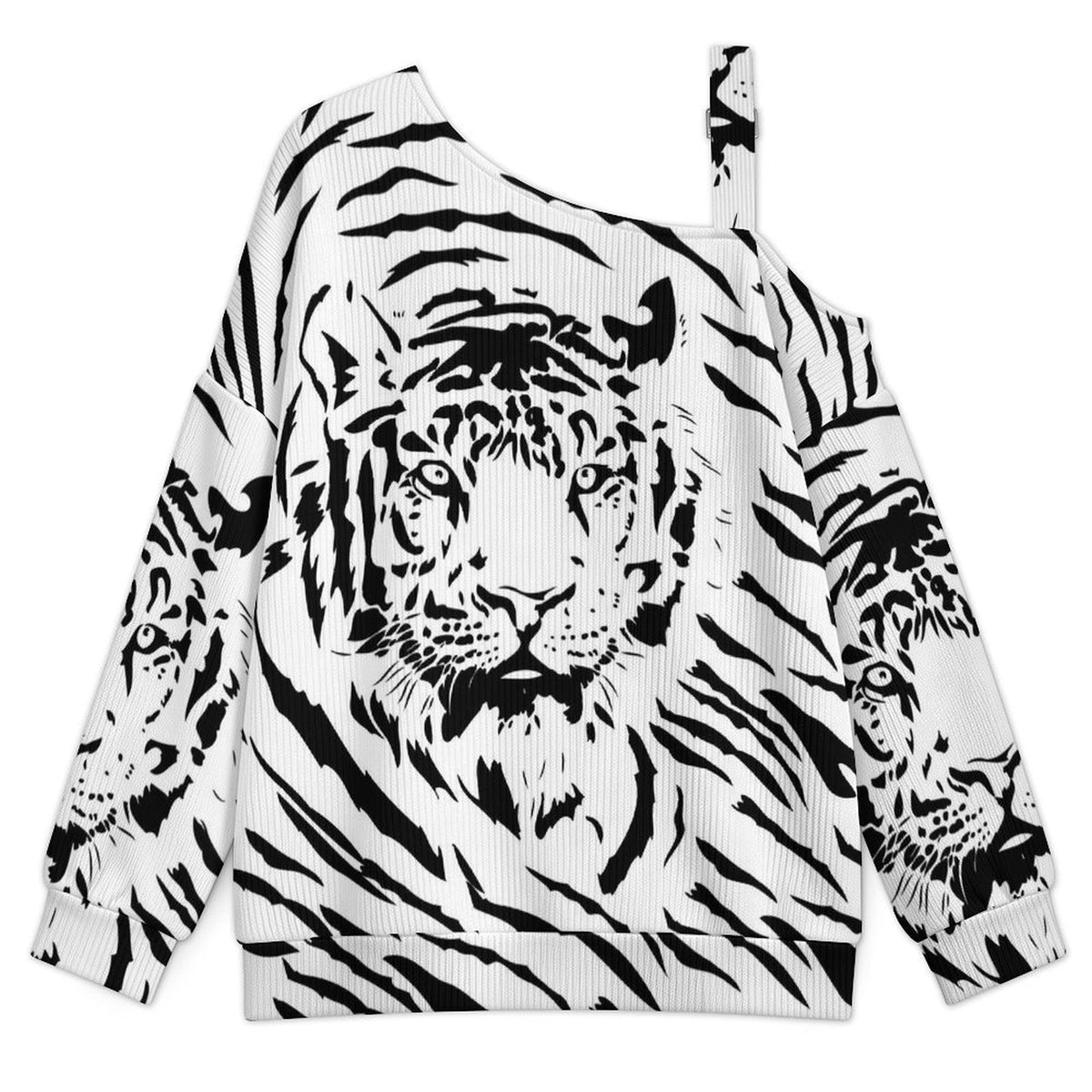 Off-the-shoulder Sweater Black And White Painting, Vigilant Tiger  Asymmetric Cold Shoulder Knit Sweater for Women, Adjustable Buckle Strap Long Sleeve Casual Slouchy Pullover