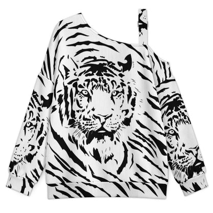 Off-the-shoulder Sweater Black And White Painting, Vigilant Tiger  Asymmetric Cold Shoulder Knit Sweater for Women, Adjustable Buckle Strap Long Sleeve Casual Slouchy Pullover