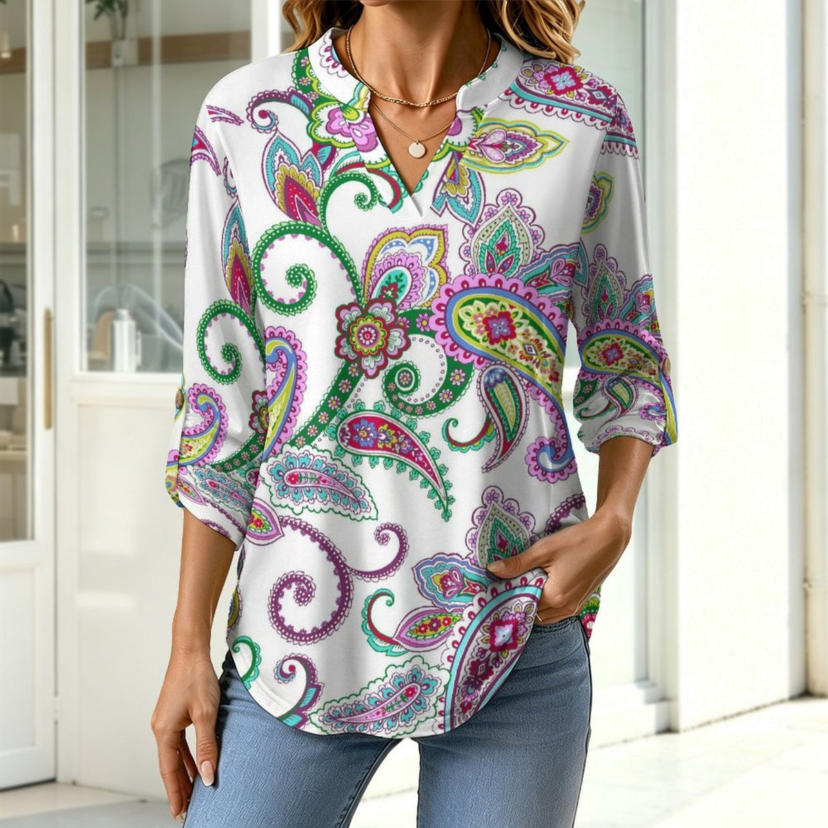 Paisley  Versatile Notched V-Neck Tunic | Roll Tab 3/4 Sleeve Office Casual Top