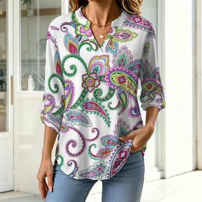 Paisley  Versatile Notched V-Neck Tunic | Roll Tab 3/4 Sleeve Office Casual Top