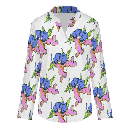 Stand-up Collar Long-sleeved Shirt Octopus Angel Pattern  Customization Women’s V-Neck Blouses,long Sleeve,Roll-Up Sleeve Shirt