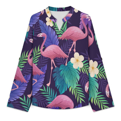 Stand-up Collar Long-sleeved Shirt Color, Leaves, Summer, Red Crowned Crane  Customization Women’s V-Neck Blouses,long Sleeve,Roll-Up Sleeve Shirt