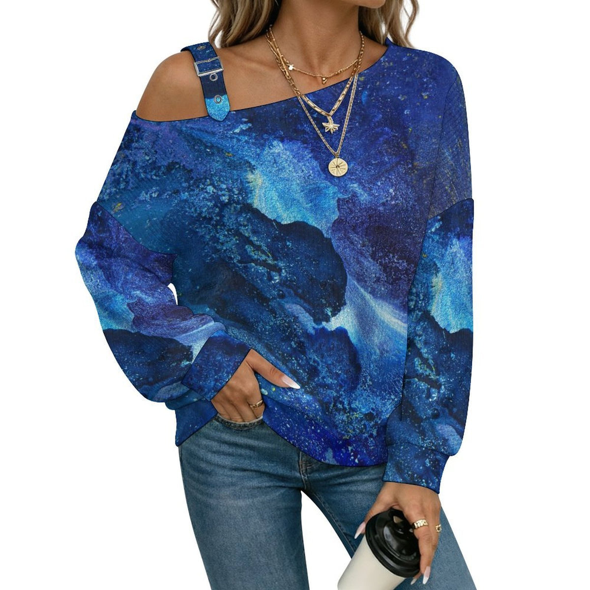 Off-the-shoulder Sweater Blue Background, Abstract Pattern  Asymmetric Cold Shoulder Knit Sweater for Women, Adjustable Buckle Strap Long Sleeve Casual Slouchy Pullover