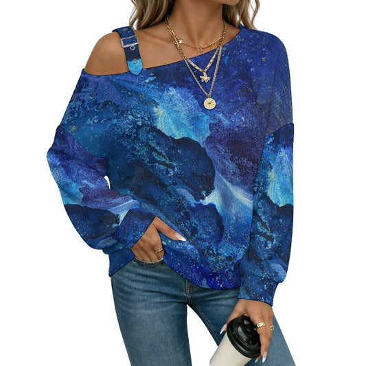 Off-the-shoulder Sweater Blue Background, Abstract Pattern  Asymmetric Cold Shoulder Knit Sweater for Women, Adjustable Buckle Strap Long Sleeve Casual Slouchy Pullover