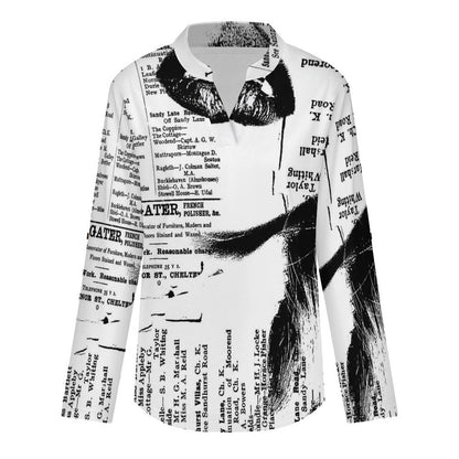Stand-up Collar Long-sleeved Shirt Newspaper Girl Vintage  Customization Women’s V-Neck Blouses,long Sleeve,Roll-Up Sleeve Shirt