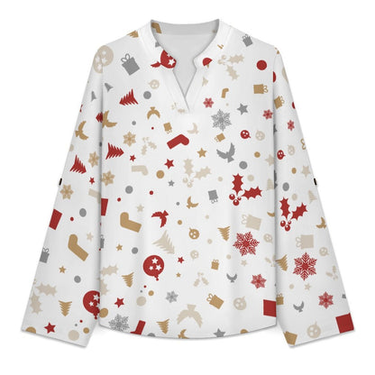Women's Notched V Neck Tunic Tops, Roll Up 3/4 Sleeve Button Cuff Casual Blouse, Hem Loose Work Shirts  Christmas-tile-repeat-red-white-yellow-gray-snowflake-Christmas Tree