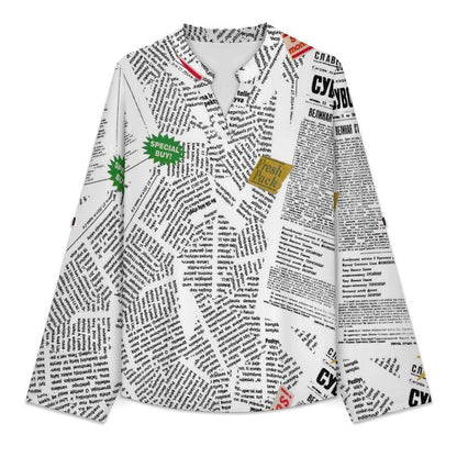 Stand-up Collar Long-sleeved Shirt Newspaper  Customization Women’s V-Neck Blouses,long Sleeve,Roll-Up Sleeve Shirt