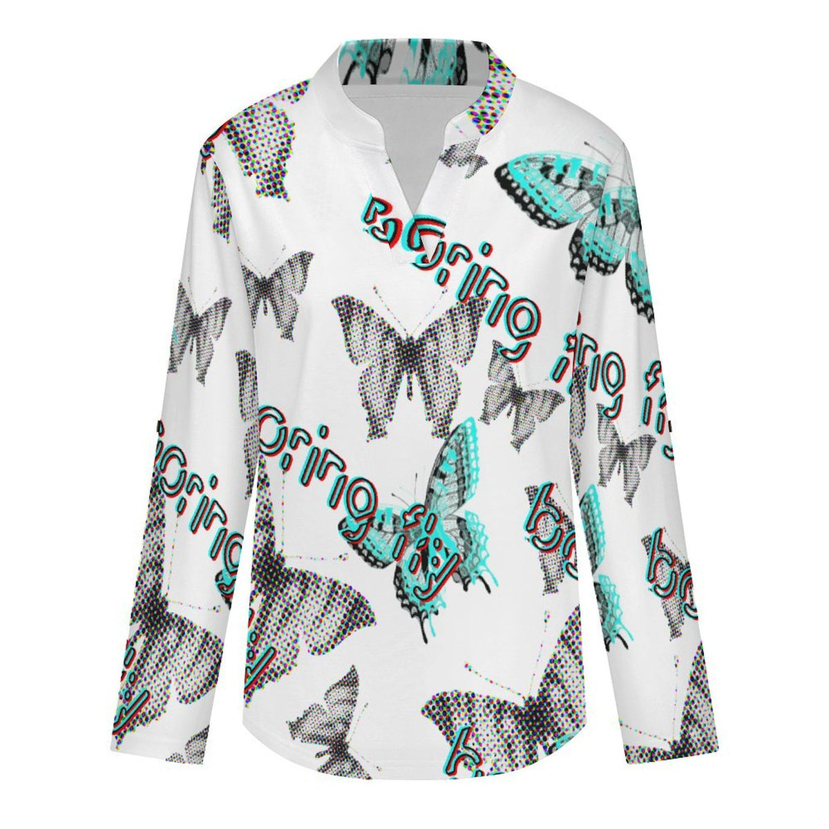 Stand-up Collar Long-sleeved Shirt Fantasy World of Butterflies  Customization Women’s V-Neck Blouses,long Sleeve,Roll-Up Sleeve Shirt