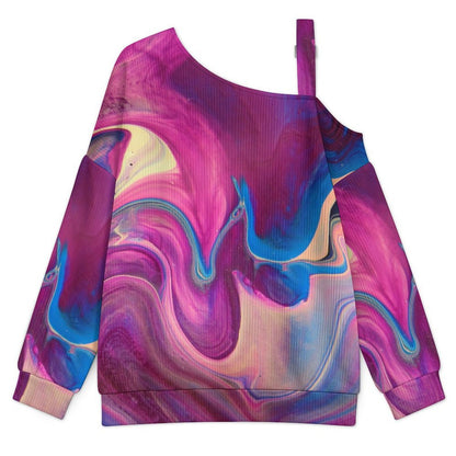 Off-the-shoulder Sweater Color Shading, Pattern, Abstract  Asymmetric Cold Shoulder Knit Sweater for Women, Adjustable Buckle Strap Long Sleeve Casual Slouchy Pullover