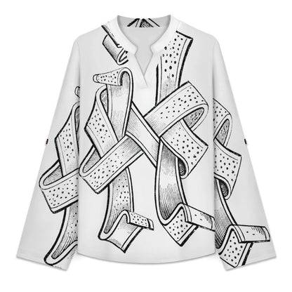 Stand-up Collar Long-sleeved Shirt Winding, Crossing  Customization Women’s V-Neck Blouses,long Sleeve,Roll-Up Sleeve Shirt