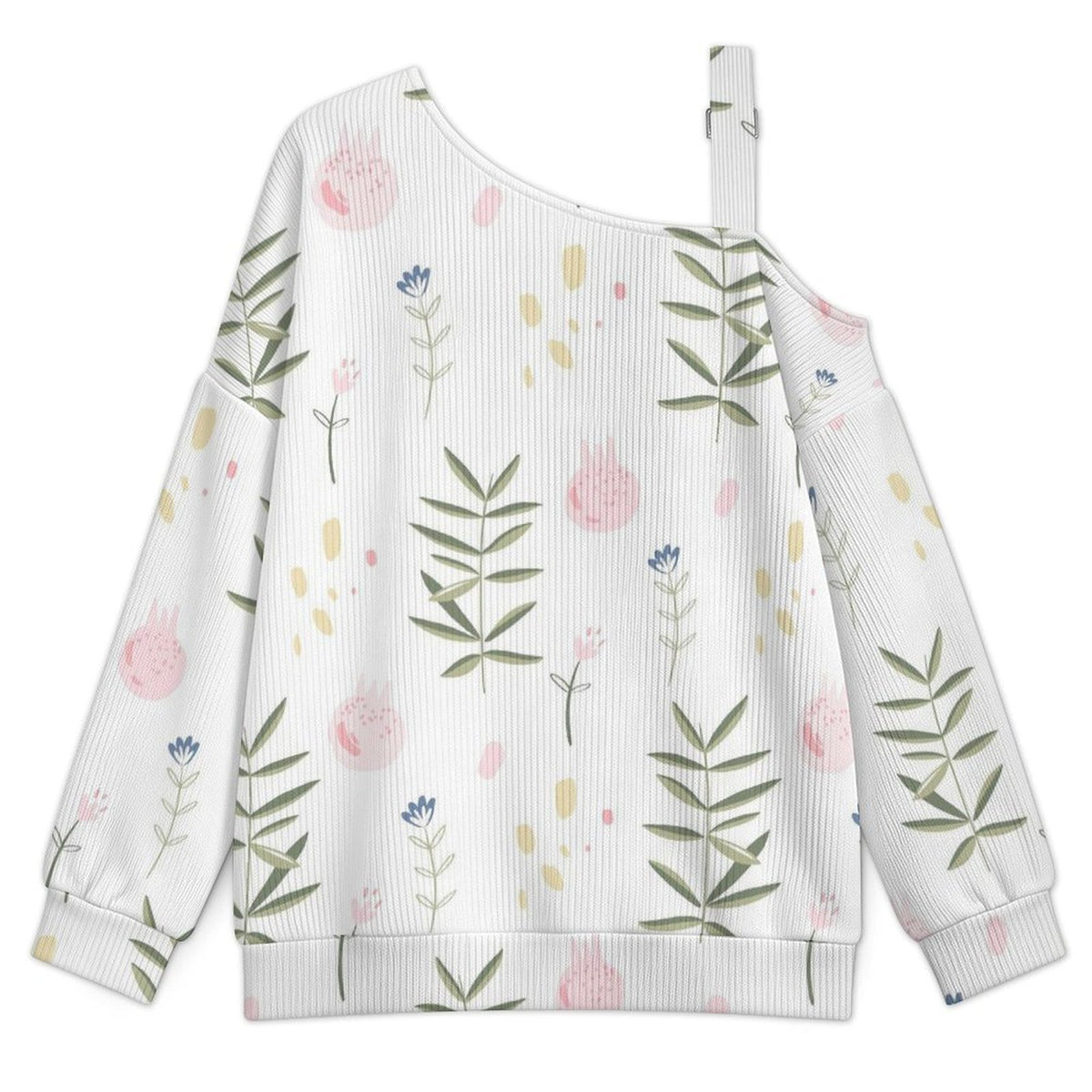 Off-the-shoulder Sweater Flowers Background  Asymmetric Cold Shoulder Knit Sweater for Women, Adjustable Buckle Strap Long Sleeve Casual Slouchy Pullover