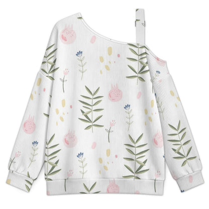 Off-the-shoulder Sweater Flowers Background  Asymmetric Cold Shoulder Knit Sweater for Women, Adjustable Buckle Strap Long Sleeve Casual Slouchy Pullover