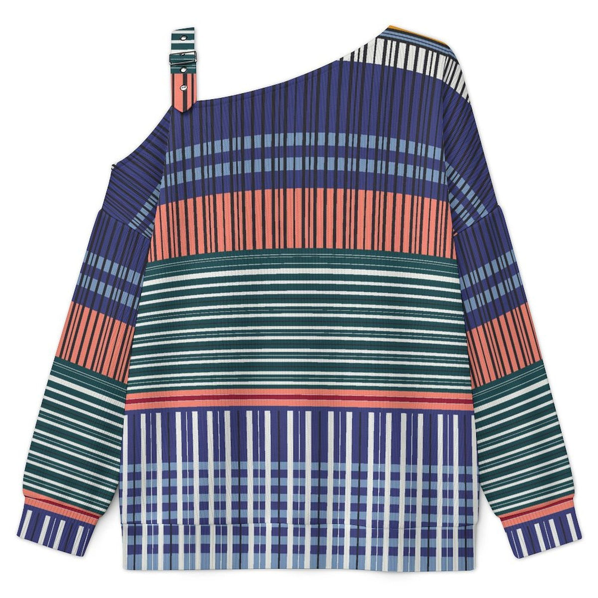 Off-the-shoulder Sweater Color Stripe  Asymmetric Cold Shoulder Knit Sweater for Women, Adjustable Buckle Strap Long Sleeve Casual Slouchy Pullover