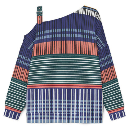 Off-the-shoulder Sweater Color Stripe  Asymmetric Cold Shoulder Knit Sweater for Women, Adjustable Buckle Strap Long Sleeve Casual Slouchy Pullover