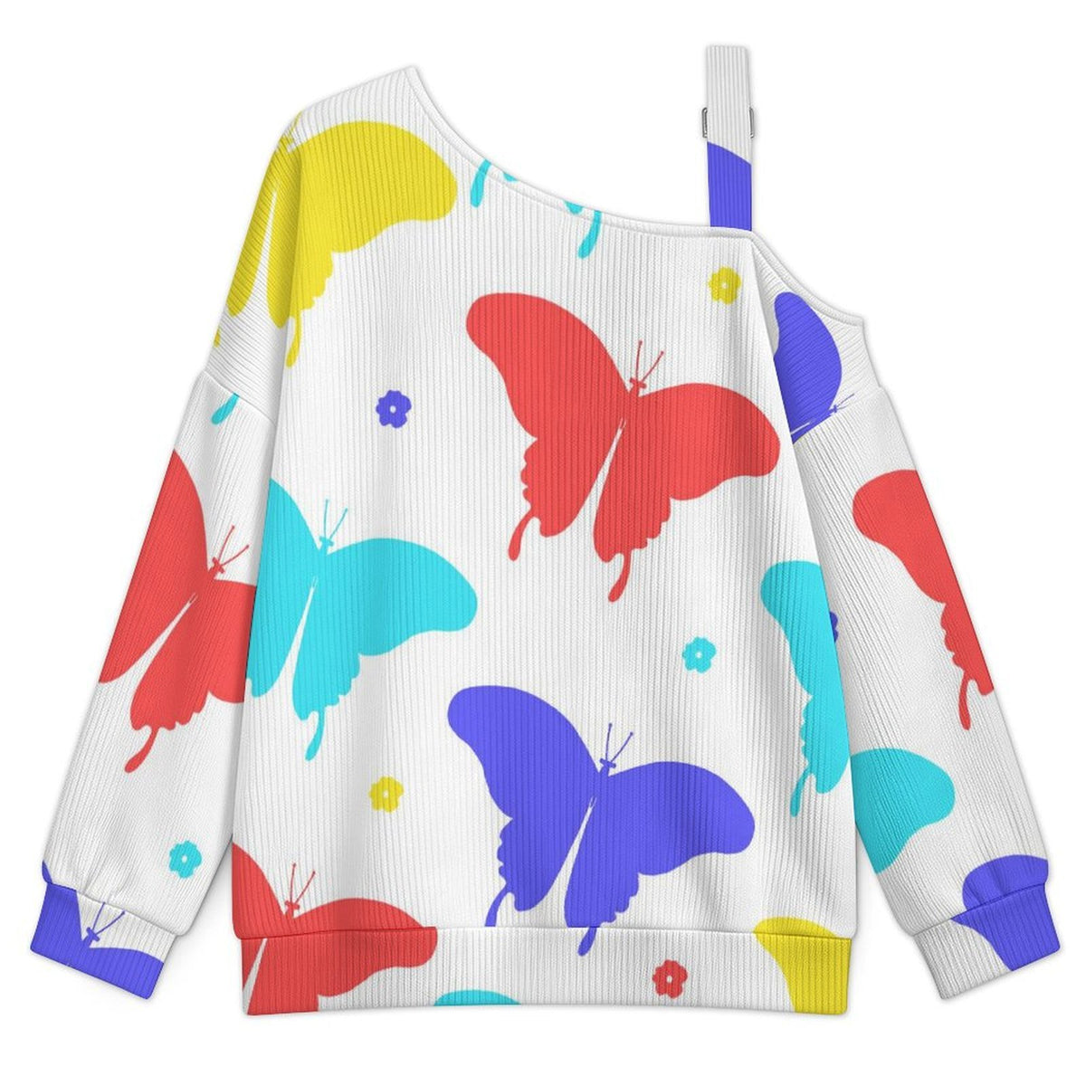 Off-the-shoulder Sweater Butterfly-color-red-blue-yellow-repeat  Asymmetric Cold Shoulder Knit Sweater for Women, Adjustable Buckle Strap Long Sleeve Casual Slouchy Pullover