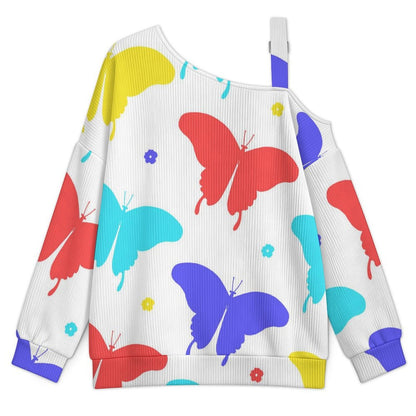 Off-the-shoulder Sweater Butterfly-color-red-blue-yellow-repeat  Asymmetric Cold Shoulder Knit Sweater for Women, Adjustable Buckle Strap Long Sleeve Casual Slouchy Pullover