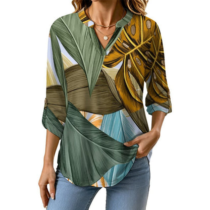 Women's Notched V Neck Tunic Tops, Roll Up 3/4 Sleeve Button Cuff Casual Blouse, Hem Loose Work Shirts Leaves, Summer