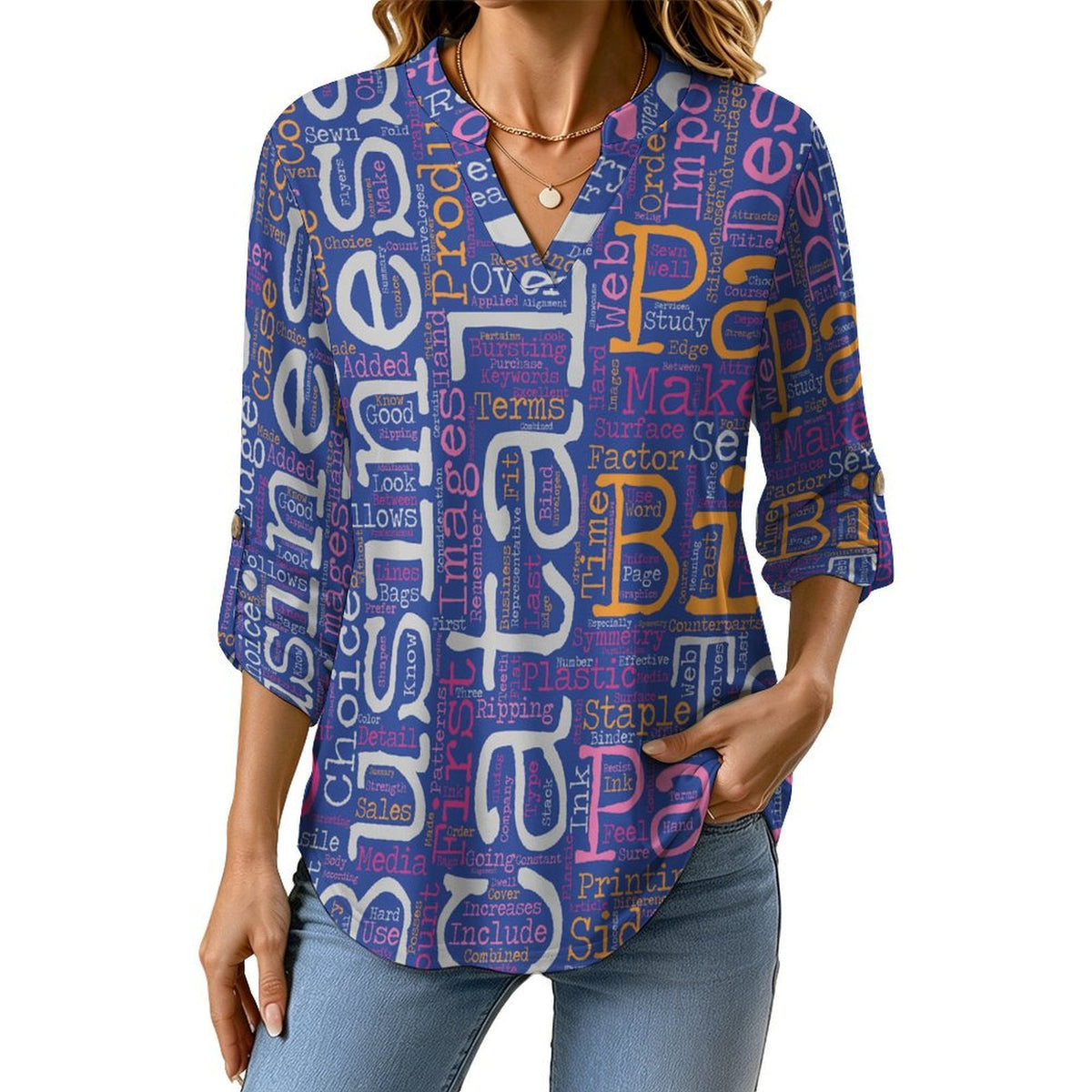 Stand-up Collar Long-sleeved Shirt English Newspaper  Customization Women’s V-Neck Blouses,long Sleeve,Roll-Up Sleeve Shirt