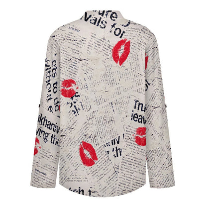 Stand-up Collar Long-sleeved Shirt Newspaper Red Lip Print Blue Letters  Customization Women’s V-Neck Blouses,long Sleeve,Roll-Up Sleeve Shirt