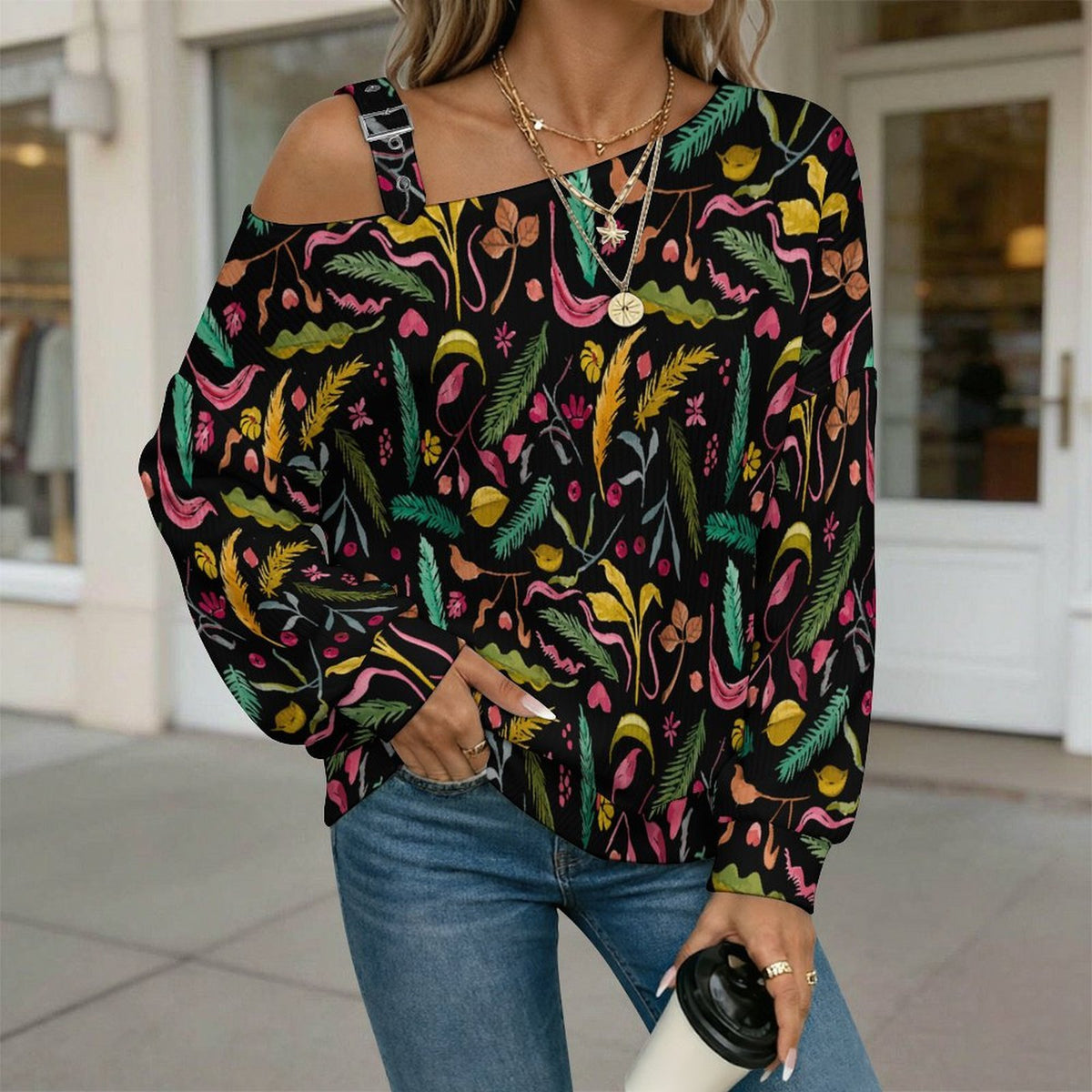 Women’s Off-Shoulder Knit Sweater Black Flower Pattern